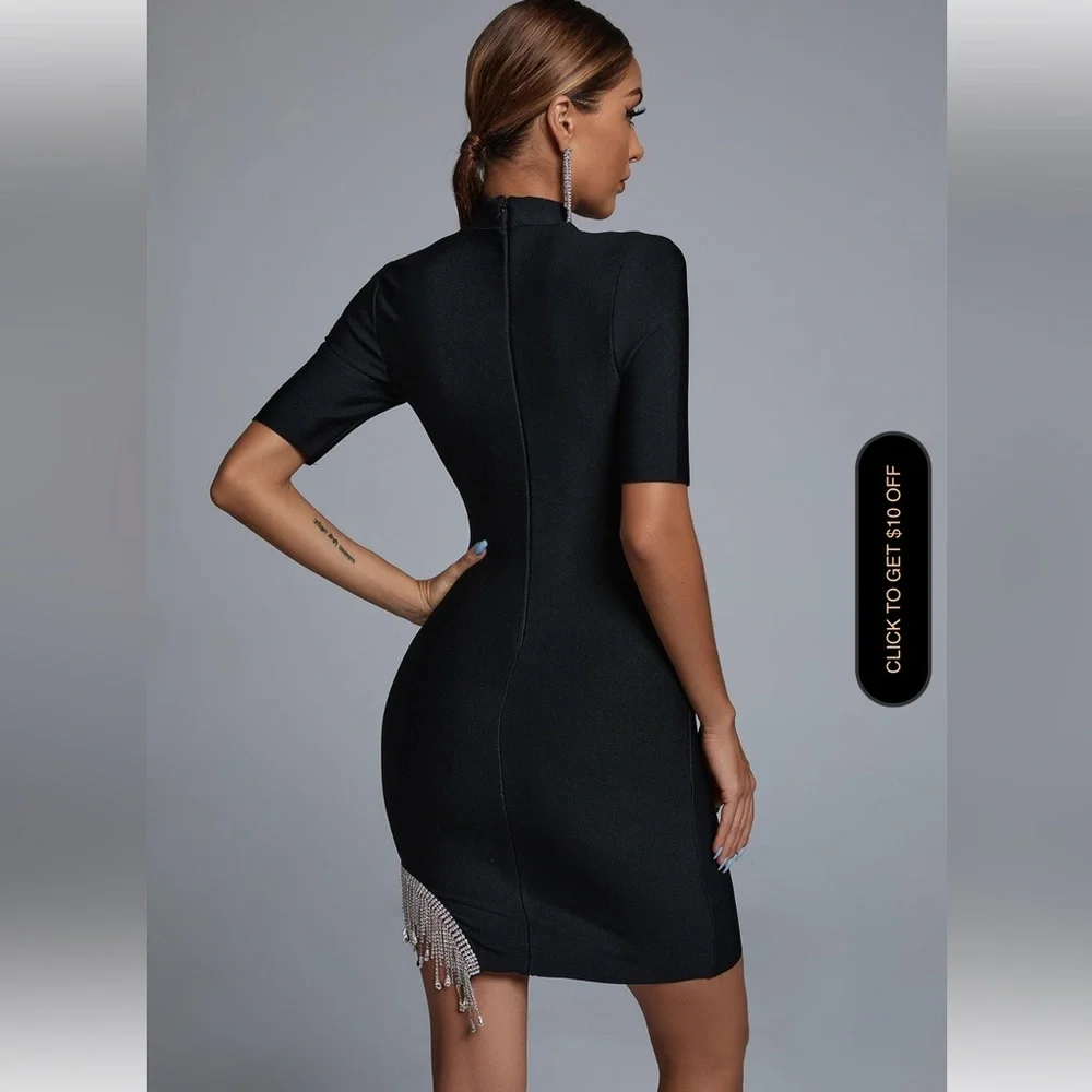 Black Mock-Neck Bandage Bodycon Mini Dress with Rhinestone detail on right side - Picture 11 of 11